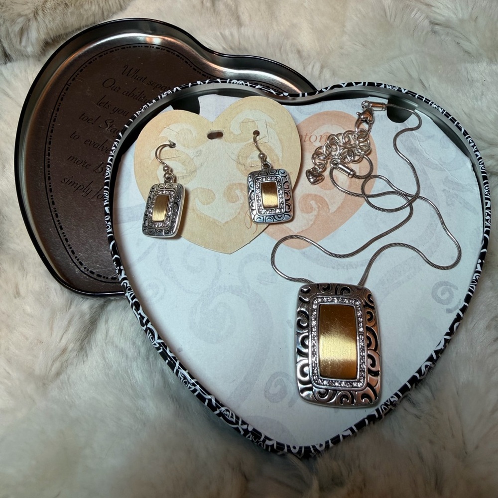 Brighton Rhythms Two-Tone Pendant Necklace and Dangle Earrings Plus Tin